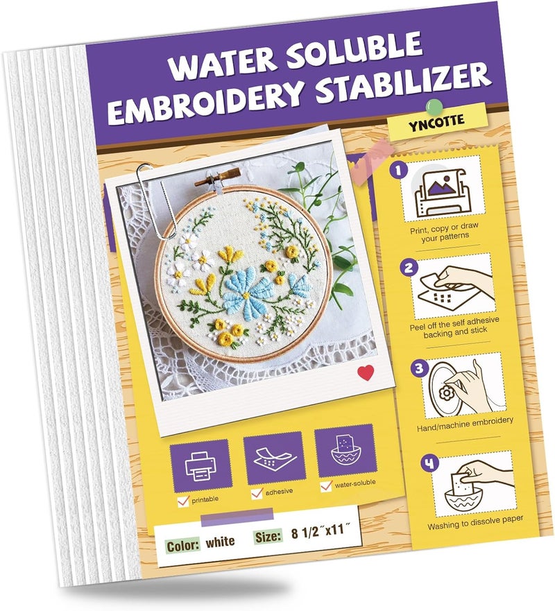 Yncotte Water Soluble Embroidery Stabilizer, 24PCS 8.5"x11" Printable and Self-Adhesive Transfer Paper for Hand and Machine Embroidery - Image 1